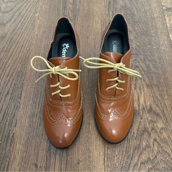 ODEMA Brown Brogue Lace Up Oxford Wing Tip Chunky Heels Patent Leather Shoes 8.5 - Picture 2 of 7